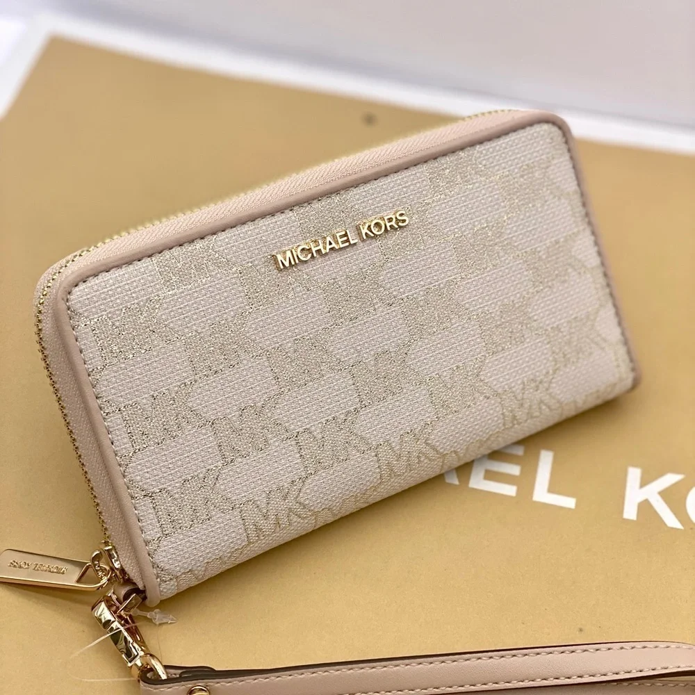 Michael Kors Jet Set Travel Wallet Phone Case Wristlet Glimmer MK Print